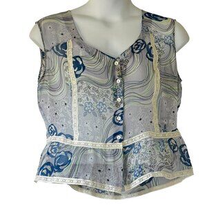 Tess Silk Vintage Top Button Front Sleeveless Lace Detail Peplum Blue White XL